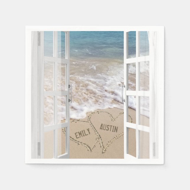 Beach Wedding Hearts in Open Window Pappersservett (Framsidan)