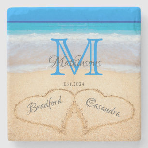 Beach Wedding Hearts in Sand Family Monogram Stenunderlägg