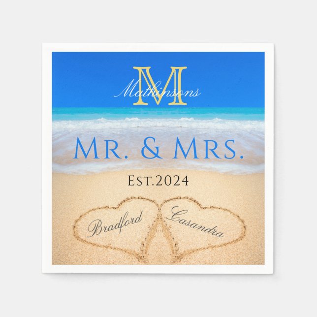 Beach Wedding Hearts in Sand Monogram Pappersservett (Framsidan)
