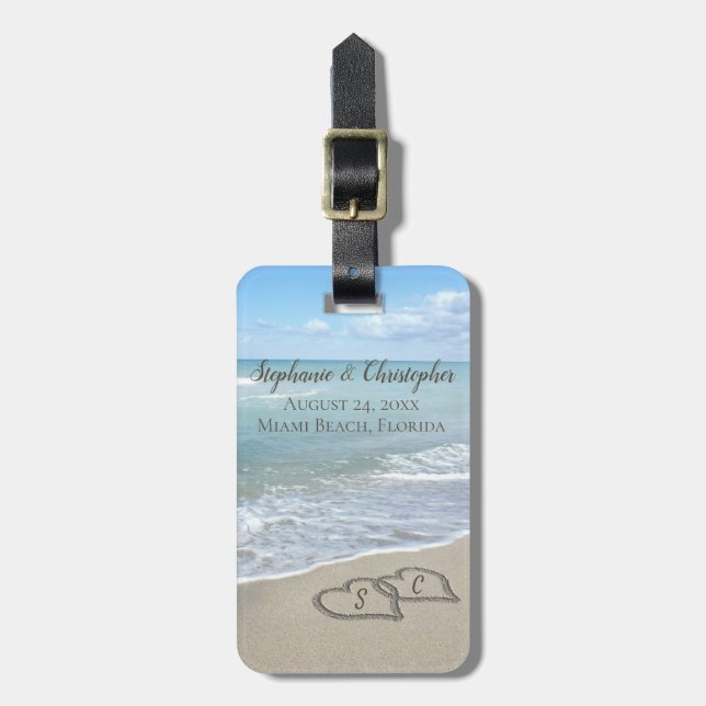Beach Wedding Hearts in the Sand Elegant Bagagebricka (Vertikal Framsida)