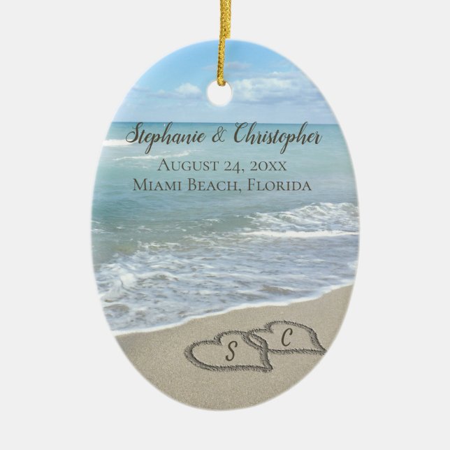 Beach Wedding Hearts in the Sand Elegant Julgransprydnad Keramik (Framsidan)
