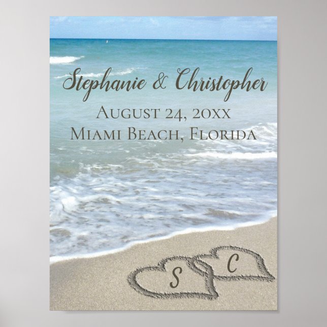 Beach Wedding Hearts in the Sand Elegant Poster (Framsidan)