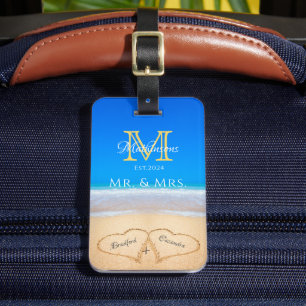 Beach Wedding Hearts Sand Family Monogram Bagagebricka