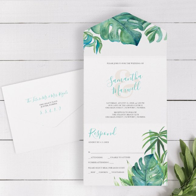 Beach Wedding i Florida-inbjudan till OSA (tropical beach wedding all in one invitation features watercolor palm leaves. )