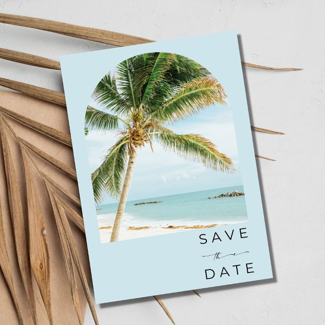 Beach Wedding i Tropical Handflatan Träd Nyckel Spara Datumet (Tropical Palm Tree Key West Beach Wedding Save The Date)