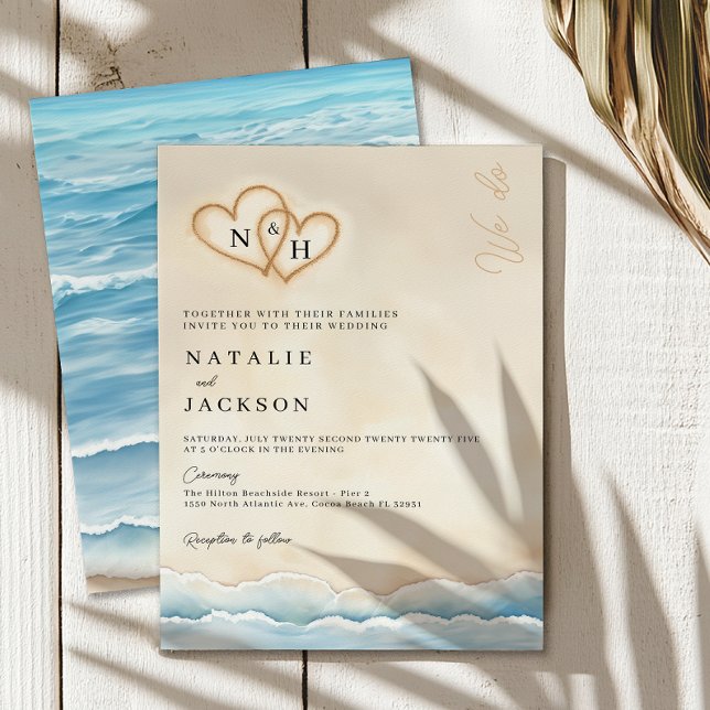 Beach Wedding-inbjudan med Sand Hearts Inbjudningar (Coastal Beach Wedding Invitation)