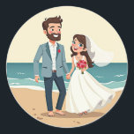 Beach Wedding Kärlek Stickers Runt Klistermärke<br><div class="desc">Kyldekal för tecknad med en leende brud och groom på en strand,  perfekt för bröllop firande.</div>