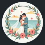Beach Wedding Love Sticker Runt Klistermärke<br><div class="desc">Cute illustration of a couple kissing on a beach,  surrounded by floral wreath,  perfect for romantic decorations.</div>