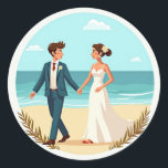Beach Wedding Love Sticker Runt Klistermärke<br><div class="desc">Celebrate your love with this adorable wedding sticker showcasing a bride and groom on a scenic beach walk.</div>