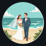Beach Wedding Love Sticker Runt Klistermärke<br><div class="desc">Perfect for couples,  this charming sticker showcases a newly married couple on their dream beach wedding,  smiling as they walk hand in hand by the ocean. Capture the essence of love and romance with this idyllic scene.</div>
