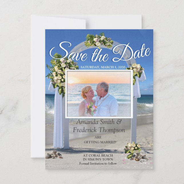 Beach Wedding med vit floribunda ro Inbjudningar (Framsida)