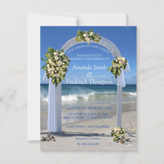 Beach Wedding med vit floribunda ro Inbjudningar (Framsida)