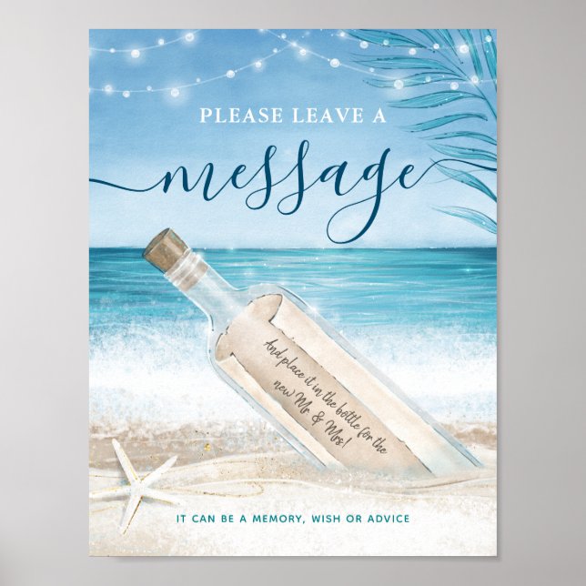 Beach Wedding-meddelande i ett Flaska Guest Bok-te Poster (Framsidan)