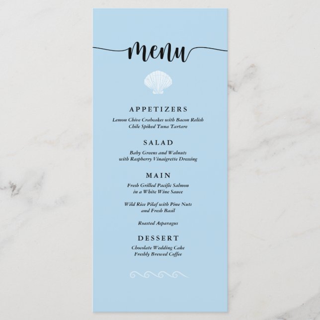 Beach Wedding Menu Seashell Seaside Beach Blue Meny (Framsida)