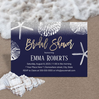 Beach Wedding Möhippa Navy Blue Seashells Inbjudningar