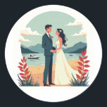 Beach Wedding Moment Runt Klistermärke<br><div class="desc">Sweet illustration of a couple holding hands at a scenic beach wedding,  perfect for wedding lovers and beach enthusiasts.</div>