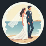 Beach Wedding Moment Runt Klistermärke<br><div class="desc">Whimsical illustration of a bride and groom on the beach,  perfect for heartfelt messages and memories.</div>
