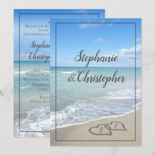 Beach Wedding Monogram Hearts i Sand Inbjudningar