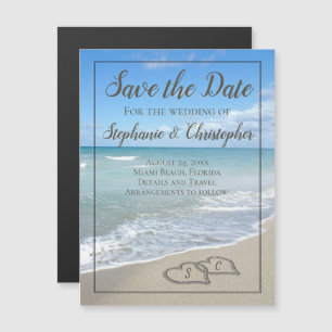 Beach Wedding Monogram Hearts i Sand Magnetisk Inbjudningskort