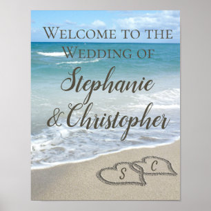 Beach Wedding Monogram Hearts i Sand Poster
