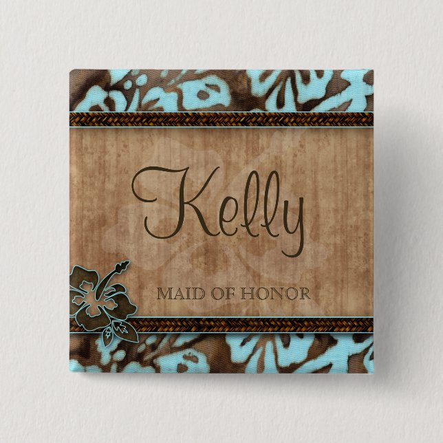 Beach Wedding Namn bricka Button Luau Blue Brown Knapp (Framsida)
