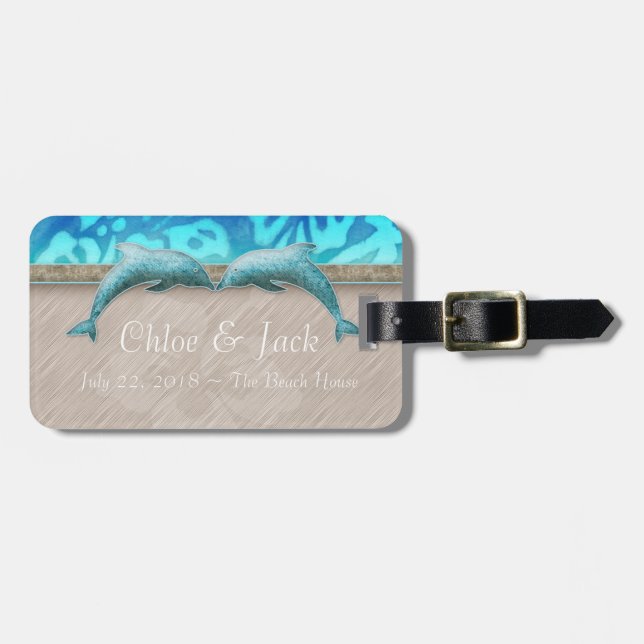Beach Wedding Nautical Dolphin Travel Luggage Tag Bagagebricka (Horisontell Framsida)
