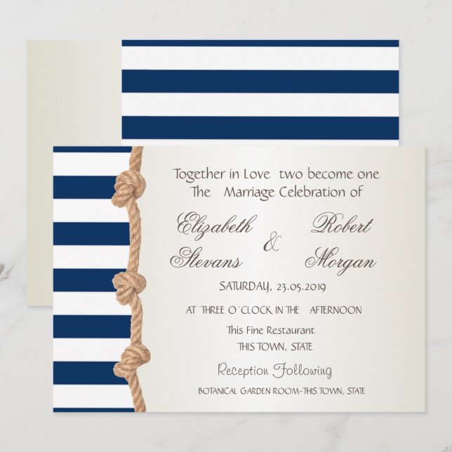 Beach Wedding Navy Rope,Hearts,Rand bjudande Inbjudningar (Fram/baksida)