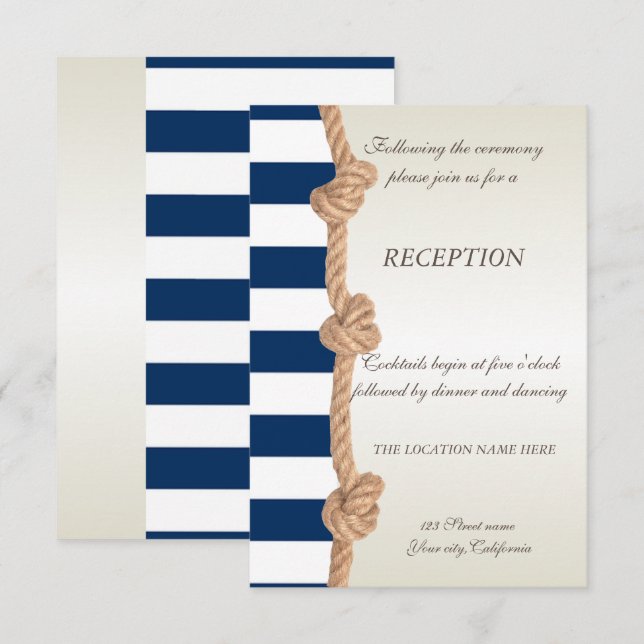 Beach Wedding Navy Rope,Hearts,Rand Reception Inbjudningar (Fram/baksida)