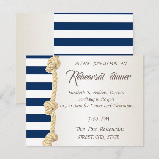 Beach Wedding Navy Rope,Rand Rehearsal Dinner Inbjudningar (Fram/baksida)