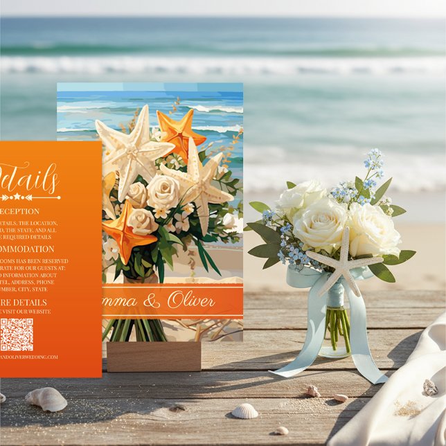 Beach Wedding Orange Starfish Bouquet Details Card Tilläggskort (Skapare uppladdad)