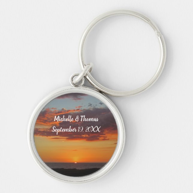 Beach Wedding Orange Sunset Pacific Guest Favor Rund Silverfärgad Nyckelring (Framsidan)