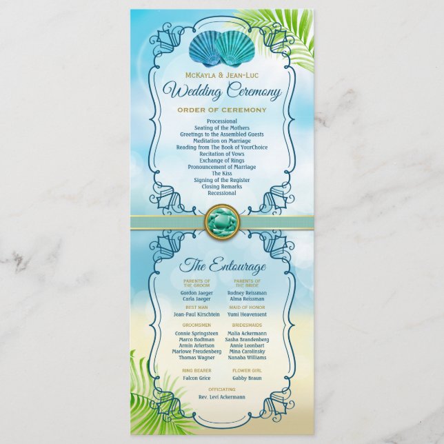 Beach Wedding Order of Ceremony Entourage Emerald Program (Framsida)