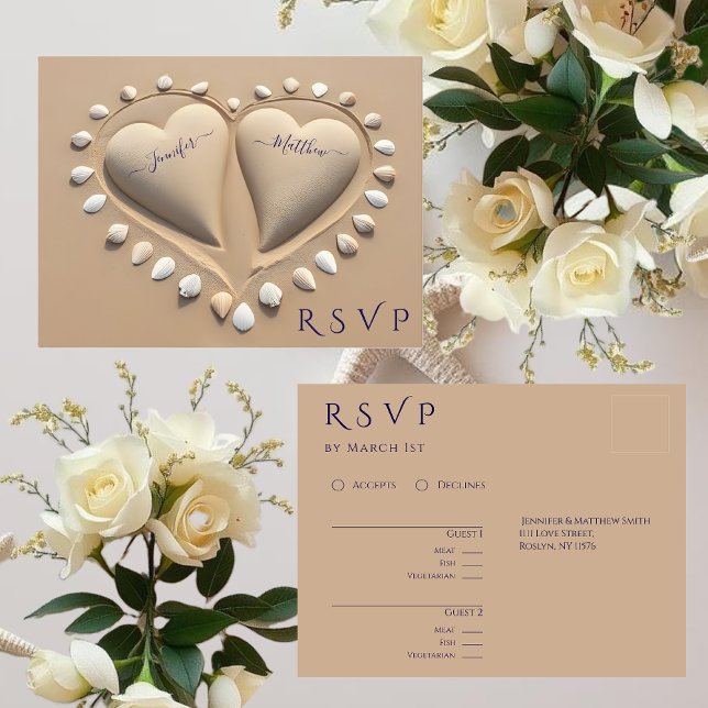 Beach Wedding OSA- Sand Hearts Vykort (Beach Wedding RSVP- Sand Hearts Postcard )
