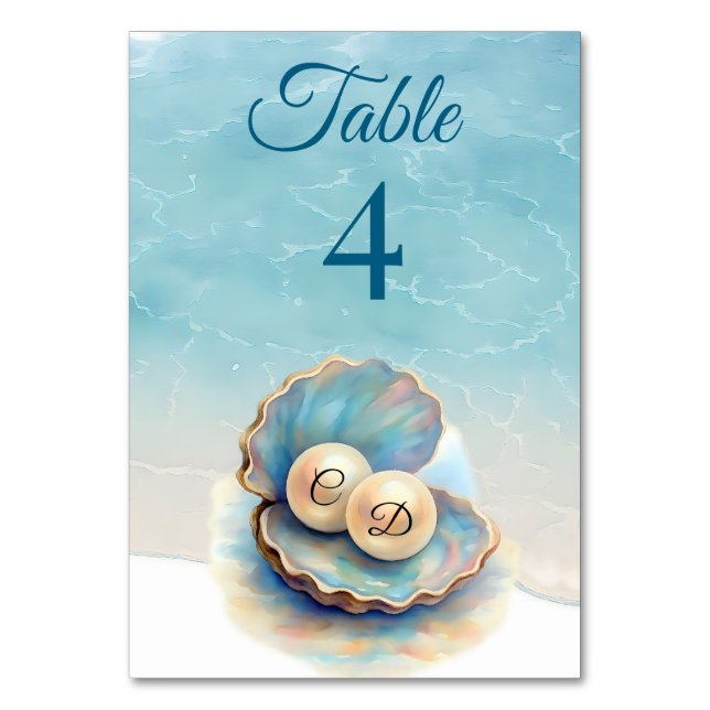 Beach Wedding Pearls Snäcka Elegant Ocean Themme Bordsnummer (Framsidan)