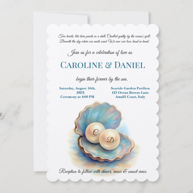 Beach Wedding Pearls Snäcka Elegant Ocean Themme Inbjudningar (Framsida)