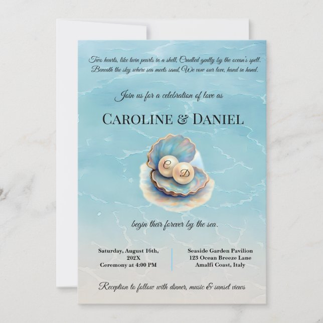 Beach Wedding Pearls Snäcka Elegant Ocean Themme Inbjudningar (Framsida)