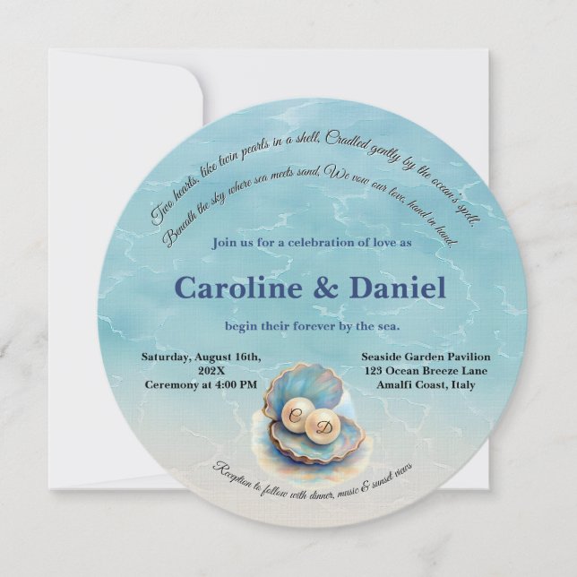 Beach Wedding Pearls Snäcka Elegant Ocean Themme Inbjudningar (Framsida)