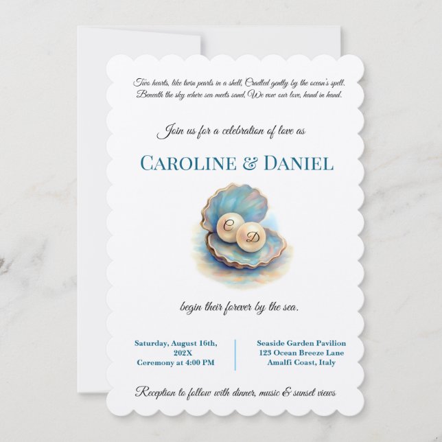 Beach Wedding Pearls Snäcka Elegant Ocean Themme Inbjudningar (Framsida)