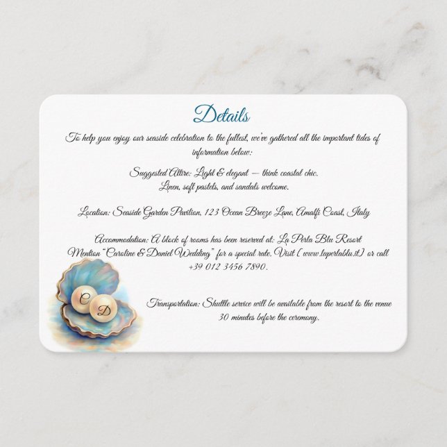 Beach Wedding Pearls Snäcka Elegant Ocean Themme Tilläggskort (Framsida)