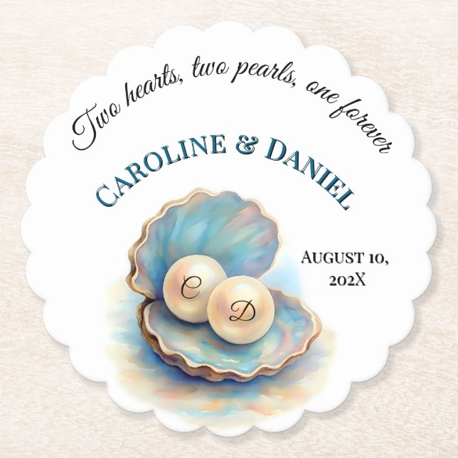 Beach Wedding Pearls Snäcka Elegant Ocean Themme Underlägg Papper (Framsida)