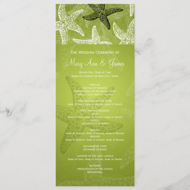 Beach Wedding Program Starfish Lime Green (Framsida)