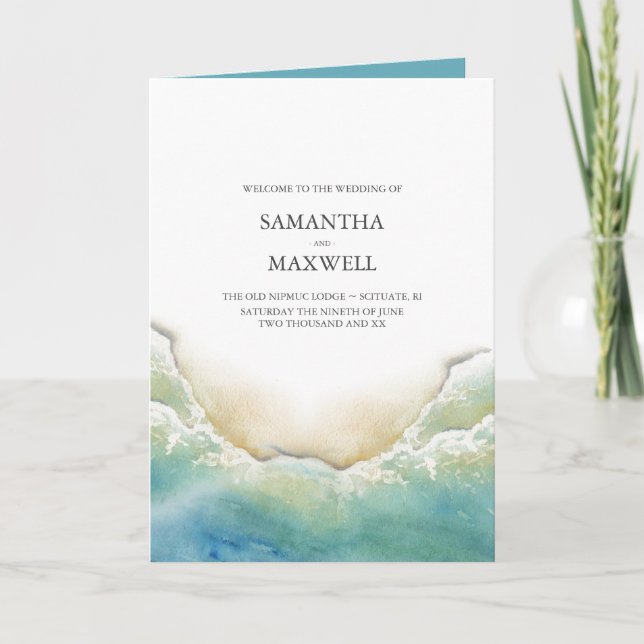 Beach Wedding Program Templates Watercolor Ocean (Framsida)