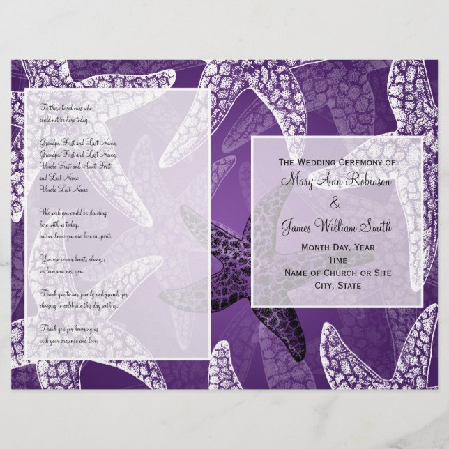 Beach Wedding Programme Starfish Lila (Framsida)