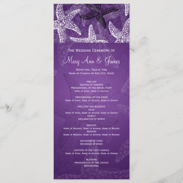 Beach Wedding Programme Starfish Lila Program (Framsida)