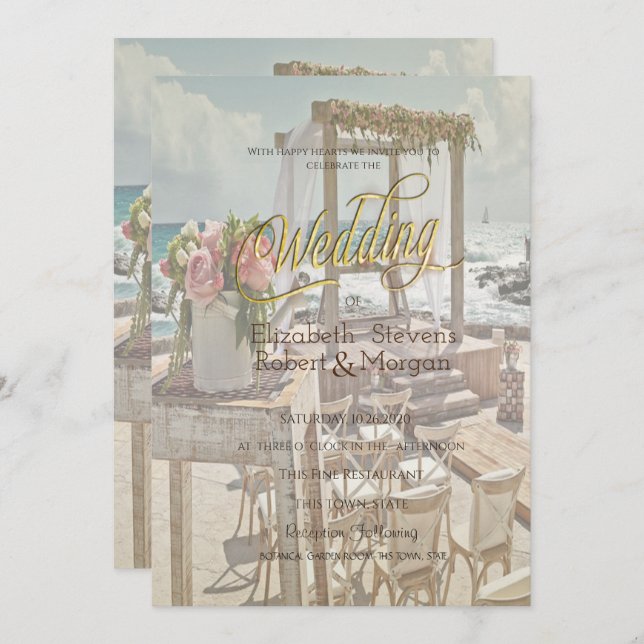 Beach Wedding Retro Arch Inbjudningar (Fram/baksida)