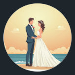 Beach Wedding Romance Sticker Runt Klistermärke<br><div class="desc">Adorable sticker featuring a couple in wedding attire standing on a beach during sunset,  perfect for wedding decor or romantic gifts.</div>