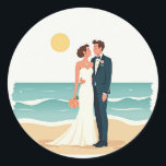 Beach Wedding Romance Sticker Runt Klistermärke<br><div class="desc">Celebrate your love with this romantic beach wedding sticker featuring a charming bride and groom on the shore. Perfect for decorating wedding albums or invitations.</div>