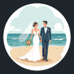 Beach Wedding Romance Sticker Runt Klistermärke<br><div class="desc">Elegant cartoon sticker featuring a bride and groom standing on a sandy beach,  perfect for wedding decor and anniversary gifts.</div>