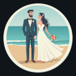 Beach Wedding Romance Sticker Runt Klistermärke<br><div class="desc">A stylishly illustrated sticker featuring a bearded groom and elegant bride on the beach,  capturing a romantic wedding moment. Perfect for adding a personalized touch to gifts and mementos.</div>