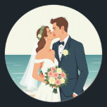 Beach Wedding Romance Stickers Runt Klistermärke<br><div class="desc">Sweet and intimate illustration of a bride and groom sharing a kiss on the beach,  perfect for adding romantic flair to your messages and gifts.</div>